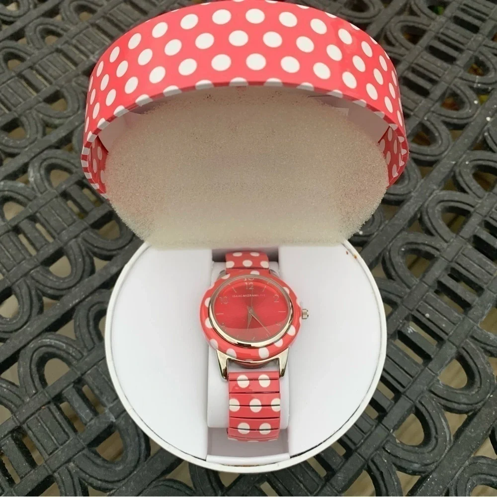 🆕 Isaac Mizrahi Live Ladies Pink Polka Dot Expansion Wrist Watch